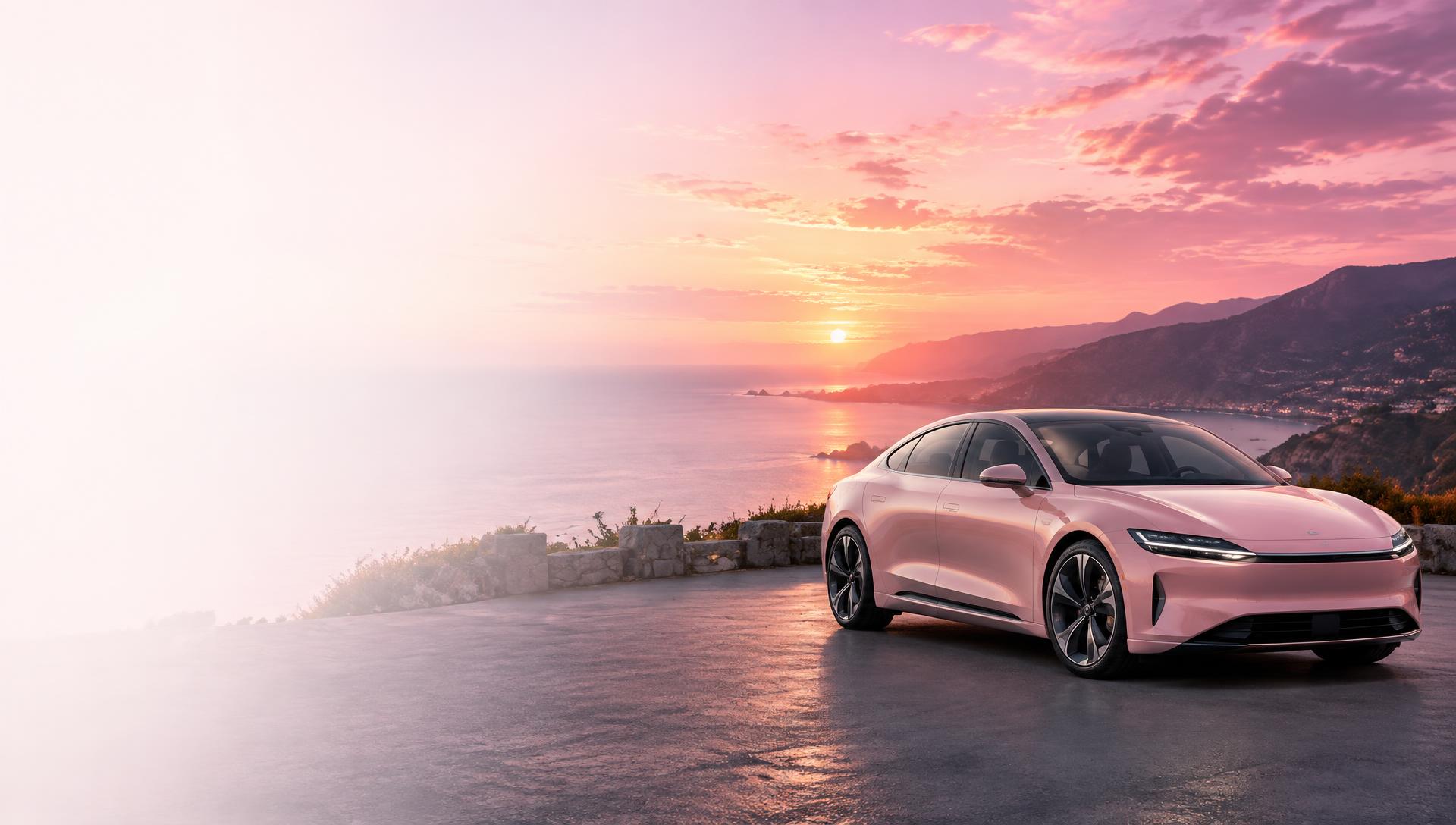 Blush-pink electric car at a coastal overlook at sunset